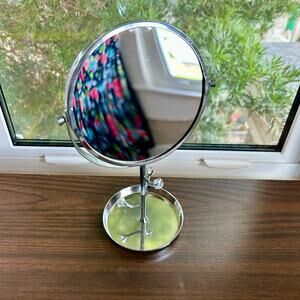 Vintage Chrome Vanity Mirror with Rhinestone Accents and Jewelry Tray – 11”